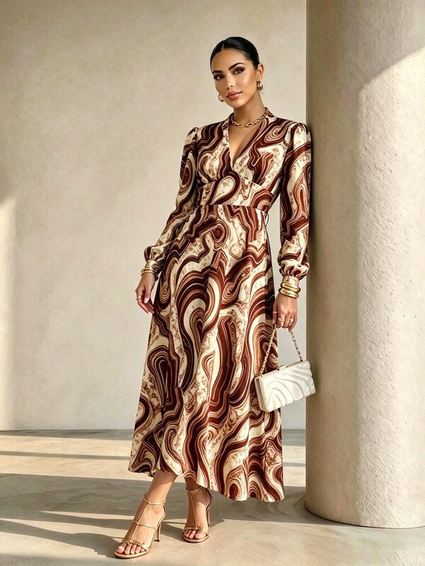Xyvia Marble Print Surplice Neck Dress