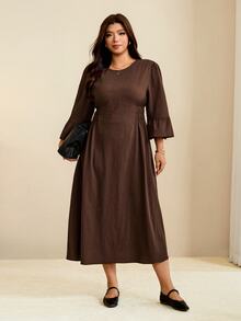 Edennvi Plus Solid Flounce Sleeve Dress Fall - Khaki - View 1