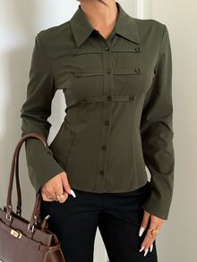 Aloruh Solid Long Sleeve Button Front Slim Fit Shirt - Army Green - View 5