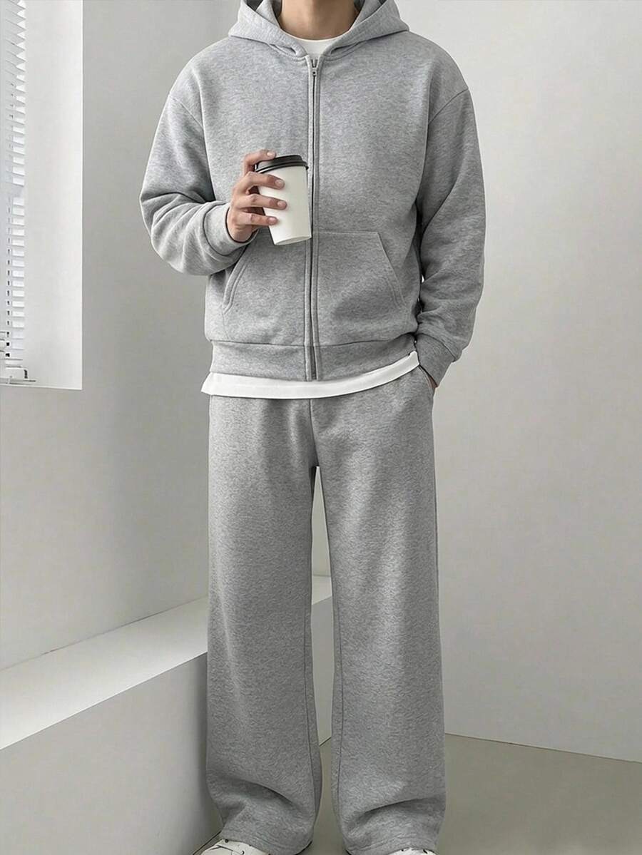 Kids 2pcs Teen Boy Casual Sporty Basic Gray Hooded Zip-Up Sweatshirt And Sweatpants Suitable For Autumn And Winter Back-To-School Season.