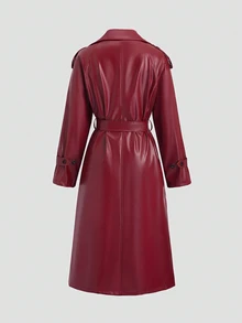 Sweetra Double Breasted Belted PU Leather Trench Coat - Red - View 2