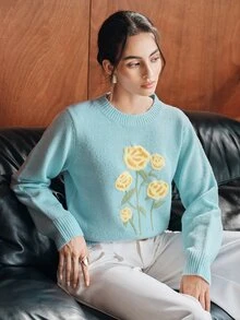 Anewsta Women's Minimalist Baby-Blue Sweater With Yellow Floral Embellishments – Elegant Modern Style Women Sweaters - Blue - View 1