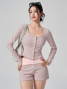 DAZY Striped Print Button Front Sports Set - Pink - View 2