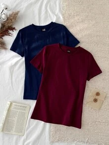 Tseoso 2pcs Solid Round Neck Short Sleeve Tee - Multicolor - View 8