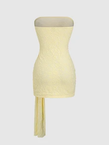 Sweetra Draped Side Ruched Tube Bodycon Dress Wedding Vacation Party Dinner Pale Yellow Summer Elegant Tropical Jamaican - Yellow - View 2