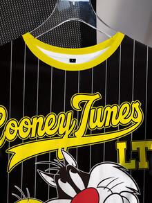 LOONEY TUNES X SHEIN 條紋與卡通圖案短袖T恤 - 白色 - 查看 5