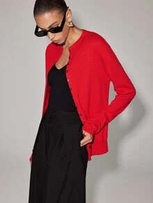 Anewsta Essential Solid Button Front Sweater - Red - View 4