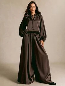 COSMINA Tie Neck Lantern Sleeve Satin Top & Wide Leg Pants Set - Brown - View 3