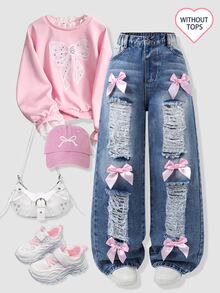 SHEIN Tween Girl Bow Front Ripped Wide Leg Jeans - Dark Wash - View 3