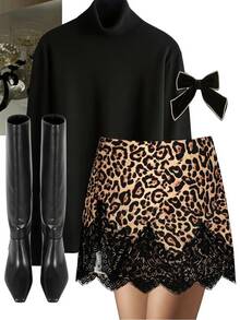 Lavishia Leopard Print Contrast Lace Skirt Without Belt - Khaki - View 5