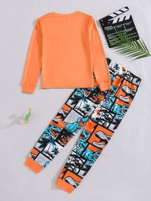 SHEIN Tween Boy Dinosaur Print Long Sleeve Tee & Pants Pajamas Set - Multicolor - View 2