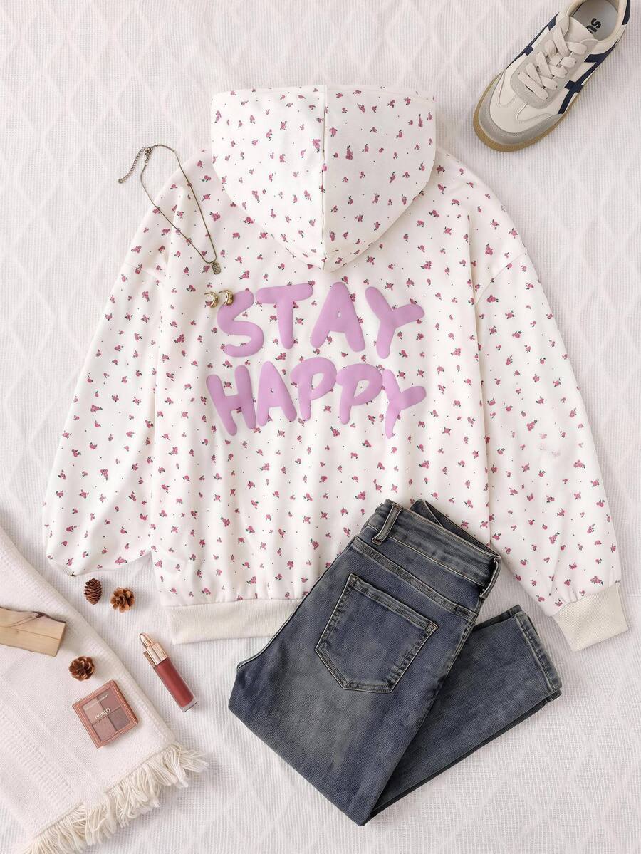 SHEIN Teen Girl Polka Dot & Slogan Graphic Drop Shoulder Sweatshirt - Apricot - View 1