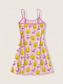 LOONEY TUNES X SHEIN Cartoon Graphic Contrast Binding Cami Sleep Dress - Pink - View 2