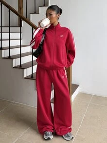 DAZY Striped Tape Drop Shoulder Zip Up Sweatshirt & Sweatpants Lounge Sets For Women - Red - View 6