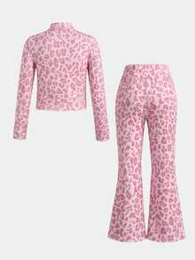 SHEIN 女童 1件豹紋對比滾邊夾克外套 & 1件喇叭褲 - 粉色 - 查看 2