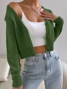 SHEIN Unity Cardigan corto ligero con botones delanteros de unicolor - Verde - Ver 6