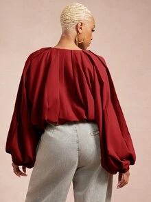 Vixey Solid Fold Pleated Lantern Sleeve Jacket - Red - View 2