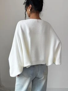 SHEIN Elenzya Kardigan Pendek Lengan Kelelawar Polos - Krem - View 2
