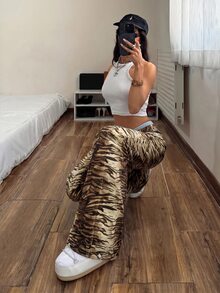 StreetHx Tiger Striped Wide Leg Jeans - Multicolor - View 6