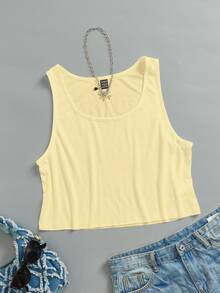 SHEIN EZwear 素色圓領背心上衣 - 淡黃色 - 查看 3