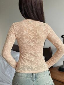 DAZY Atasan Tidur Jacquard Motif Bunga Tanpa Bra - Aprikot - View 2