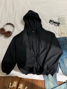 SHEIN EZwear 蜘蛛字母圖案落肩寬鬆拉鍊抽繩連帽衛衣，萬聖節穿搭百搭女裝 - 黑色 - 查看 2