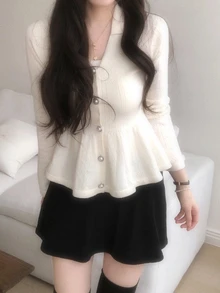 DAZY Solid Button Through Peplum Cardigan Fall Long Sleeve Tops - White - View 6
