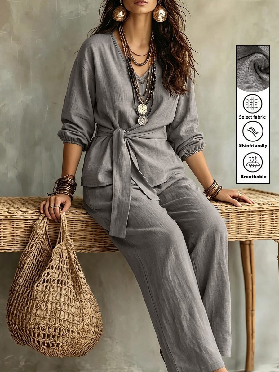 Linhara CURVE Plus Drop Shoulder Knot Side Top & Wide Leg Pants Fall - Grey - View 1