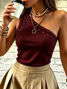 Cévolie One Shoulder Rhinestone Detail Top - Red Violet - View 6