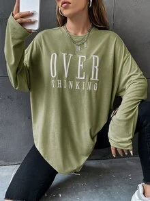 SHEIN Unity Embroidery Letter Pattern Drop Shoulder Oversize Tee - Green - View 5