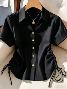 Resyla Chemise grande taille à cordon de serrage et boutons sur le devant - Noir - Voir 1