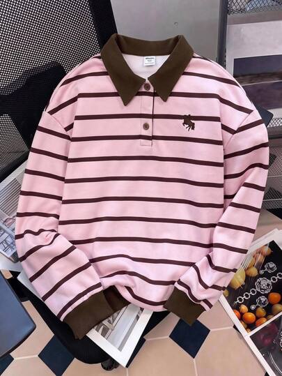 Girlism Tween Girl Contrast Striped Print Embroidery Detail Contrast Polo Collar Drop Shoulder Sweatshirt