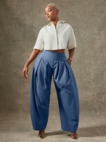 Vixey Solid Slant Pocket Fold Pleated Tapered Pants - Blue - View 2