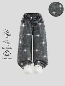 SHEIN Elladie kids 少女高腰寬腿牛仔褲 - 黑色 - 查看 5
