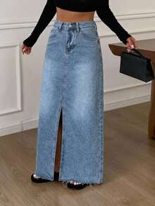 Livesso Split Thigh Denim Skirt Fall - Light Wash - View 6