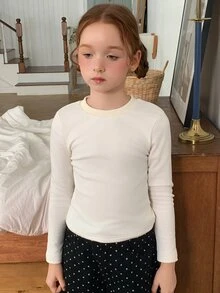 DAZY Tween Girl Solid Round Neck Long Sleeve Tee Fall - Beige - View 3