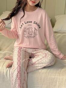DAZY Tween Girl Cartoon Rabbit & Slogan Graphic Drop Shoulder Tee & Pants PJ Set - Pink - View 1