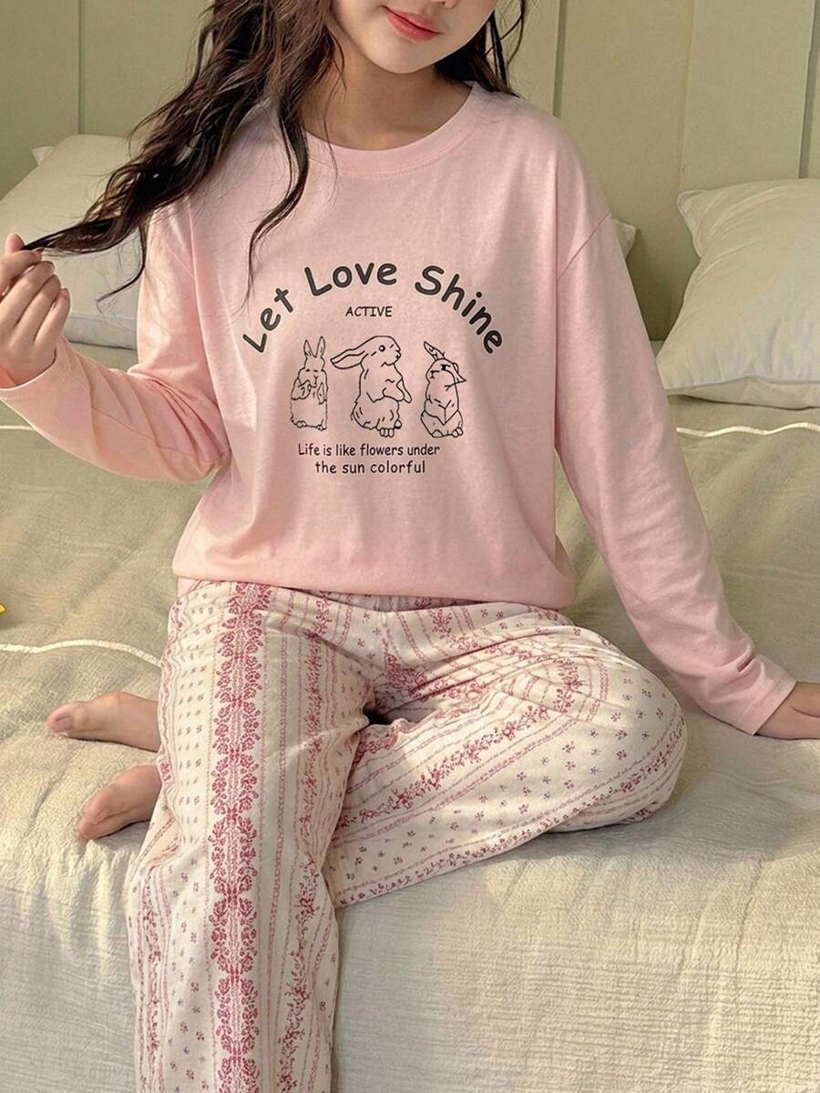 DAZY Tween Girl Cartoon Rabbit & Slogan Graphic Drop Shoulder Tee & Pants PJ Set - Pink - View 1