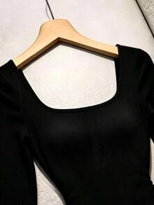 SHEIN Franclia Square Neck Colorblock Bubble Ruffle Hem Mini Dress - Black - View 3
