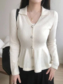DAZY Solid Button Through Peplum Cardigan Fall Long Sleeve Tops - White - View 2