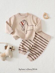 Loomiva Suéter con patrón de dibujos animados para bebé recién nacido & Pantalones de punto con patrón a rayas - Marrón - Ver 7