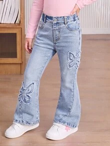 SHEIN Genkimix Kids 少女蝴蝶刺繡喇叭腿牛仔褲 - 淺色水洗藍 - 查看 2