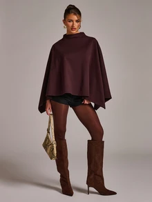 SHEIN BAE Funnel Neck Cloak Sleeve Cape Overcoat - Burgundy - View 1