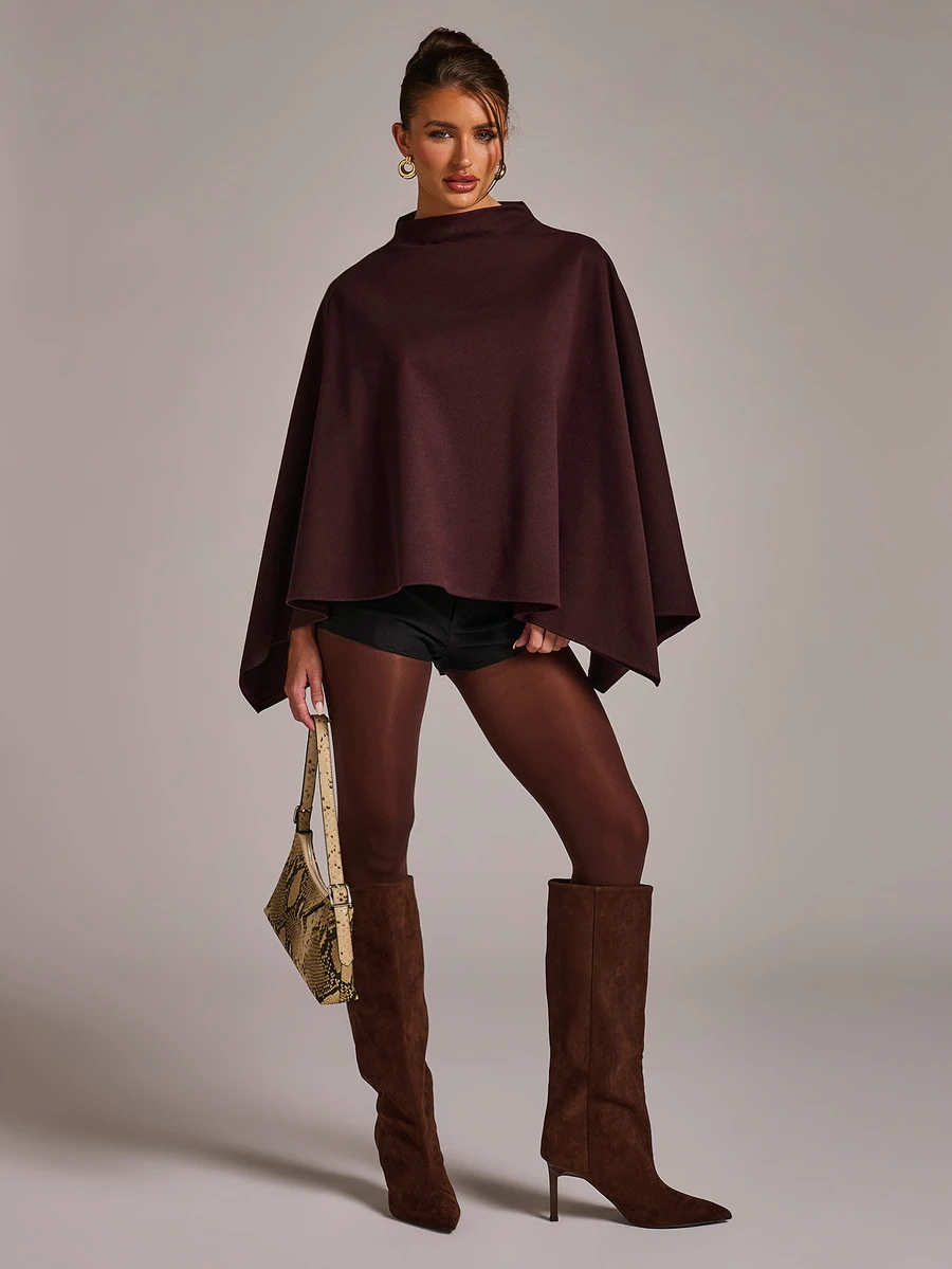 SHEIN BAE Funnel Neck Cloak Sleeve Cape Overcoat - Burgundy - View 1