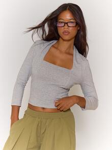 MUSERA Atasan lengan 3/4 model syal leher persegi warna abu-abu dengan efek lapisan, cocok untuk pakaian santai sehari-hari wanita di musim panas. - Light Grey - View 1