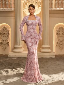 Glamrae Square Neck Flounce Sleeve Sequin Formal Dress - Dusty Pink - View 6