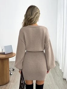 Easowa Solid Batwing Sleeve Sweater Dress - Khaki - View 2