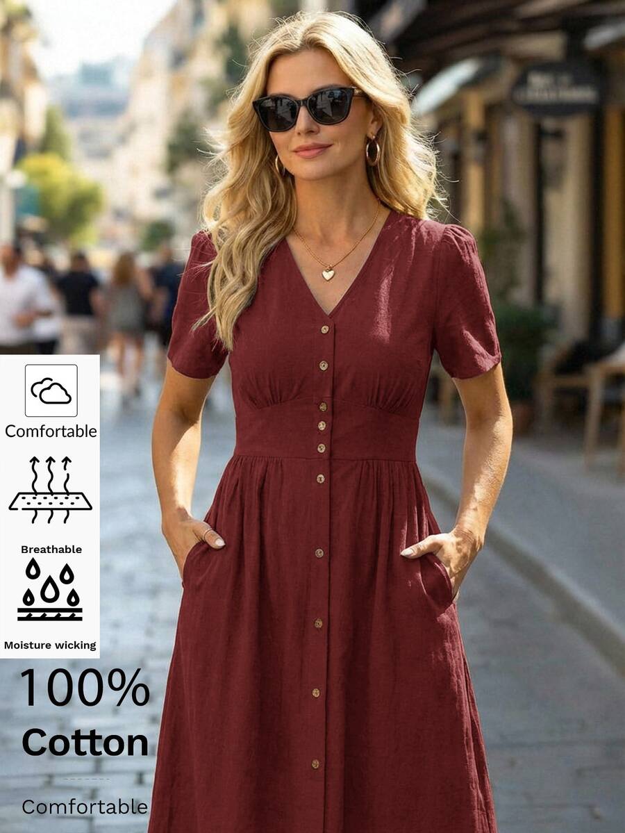 Editum V Neck Button Front Midi Dress - Red - View 1