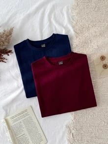 Tseoso 2pcs Solid Round Neck Short Sleeve Tee - Multicolor - View 4