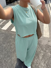 Muchica Plus Solid Tank Top & Wide Leg Pants - Olive Green - View 6